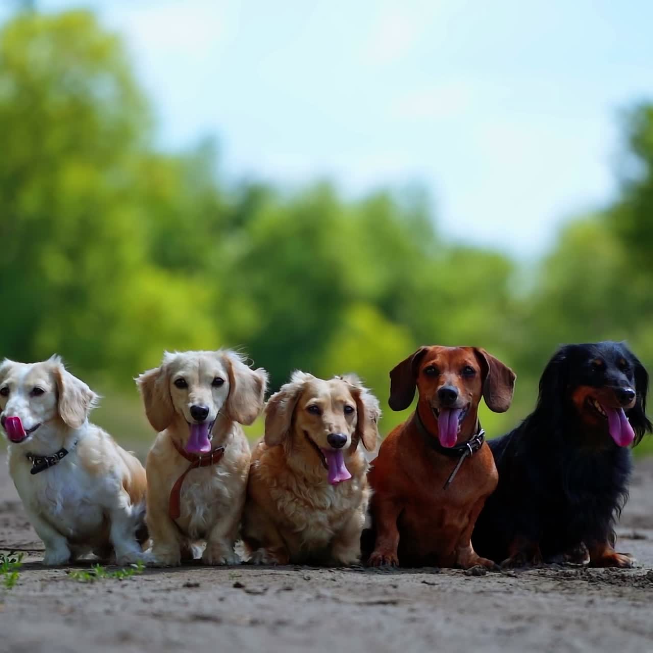 Group of dogs outdoors. Pet dogs of different colors are sitting on the road. Five dogs with long tongues out look on camera.