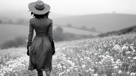 a woman in a hat walking through a field of flowers