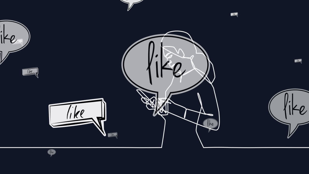 스마트폰을 사용하는 여성의 애니메이션과 음성 거품의 텍스트와 같은