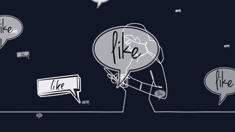 animación de una mujer usando un teléfono inteligente y como texto en burbujas de habla