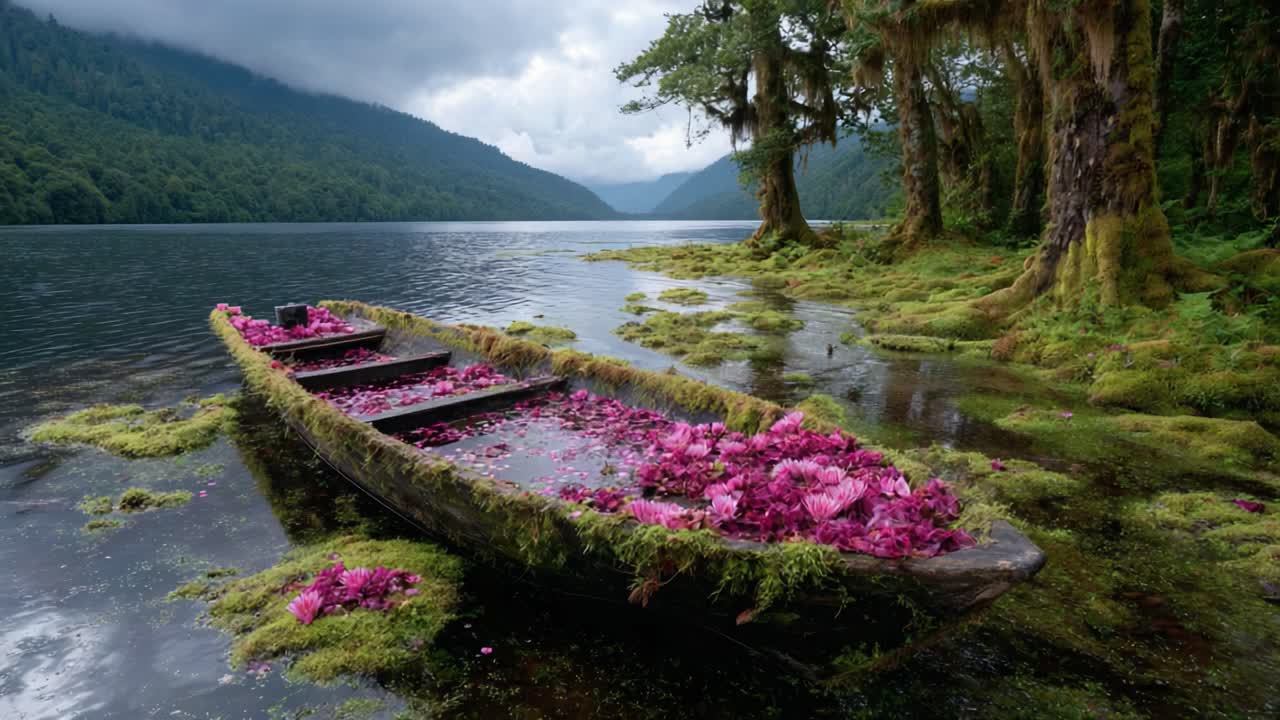 A Serene Abandoned Boat Adorned with Vibrant Flower Petals on a Tranquil Lake Surrounded by Lush Greenery and Misty Mountains Under a Cloudy Sky