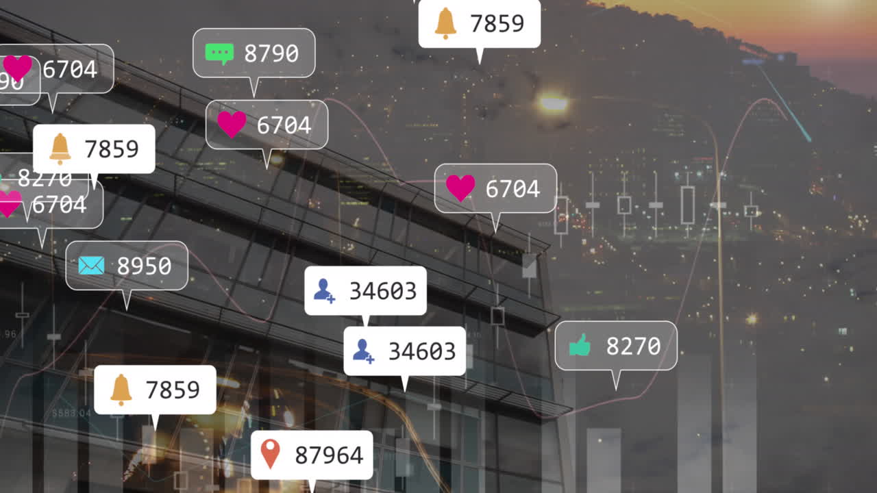 소셜 미디어 아이콘의 애니메이션과 도시에 대한 금융 데이터 처리