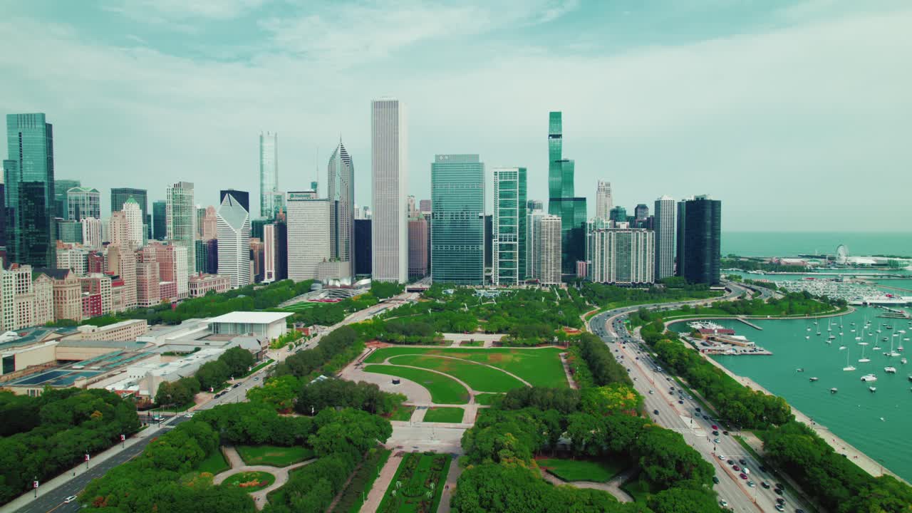 Vista aérea del paisaje urbano de negocios de Chicago
