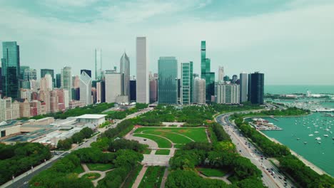 Vista-Aérea-Del-Paisaje-De-La-Ciudad-De-Negocios-De-Chicago