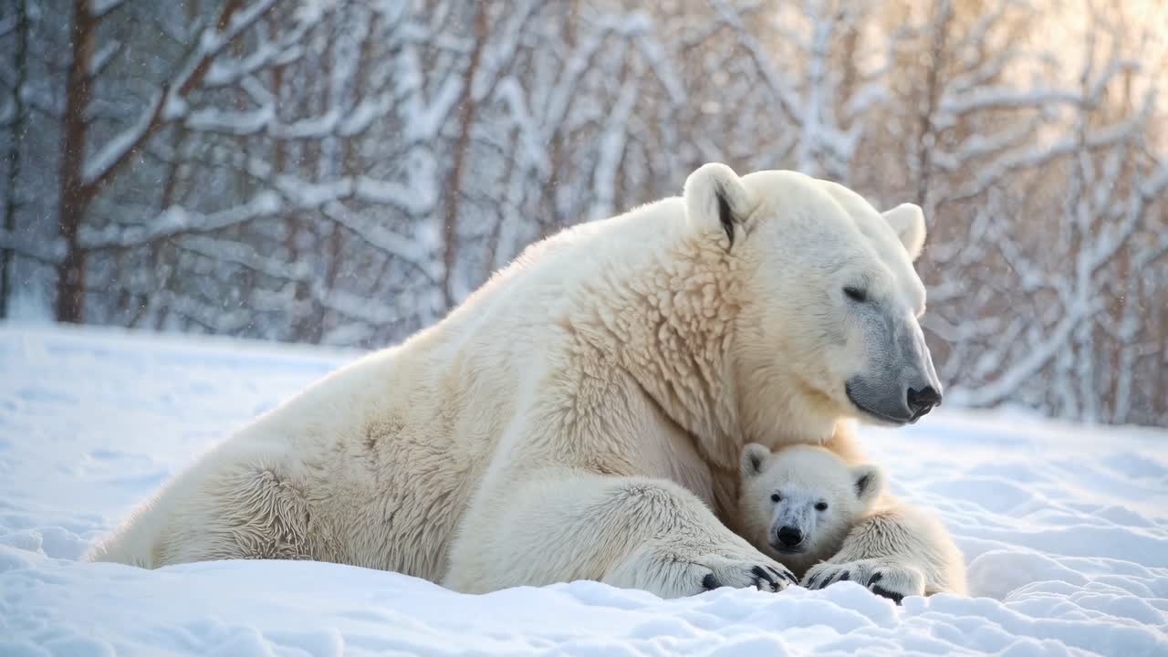 A serene video still of a polar bear and cub cuddling in snowy woods ...