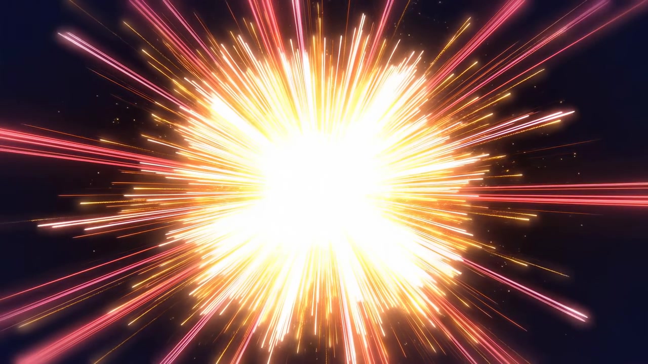 Explosion radiating light and sparks, in dark background, with explosion, with fireworks texture, from a close-up perspective, with orange, yellow accents, and dynamic energetic mood.