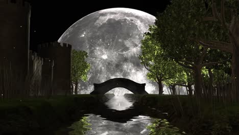 Vollmond-Und-Sterne-Leuchten-Am-Himmel-über-Den-Pinien-Und-Dem-Fluss