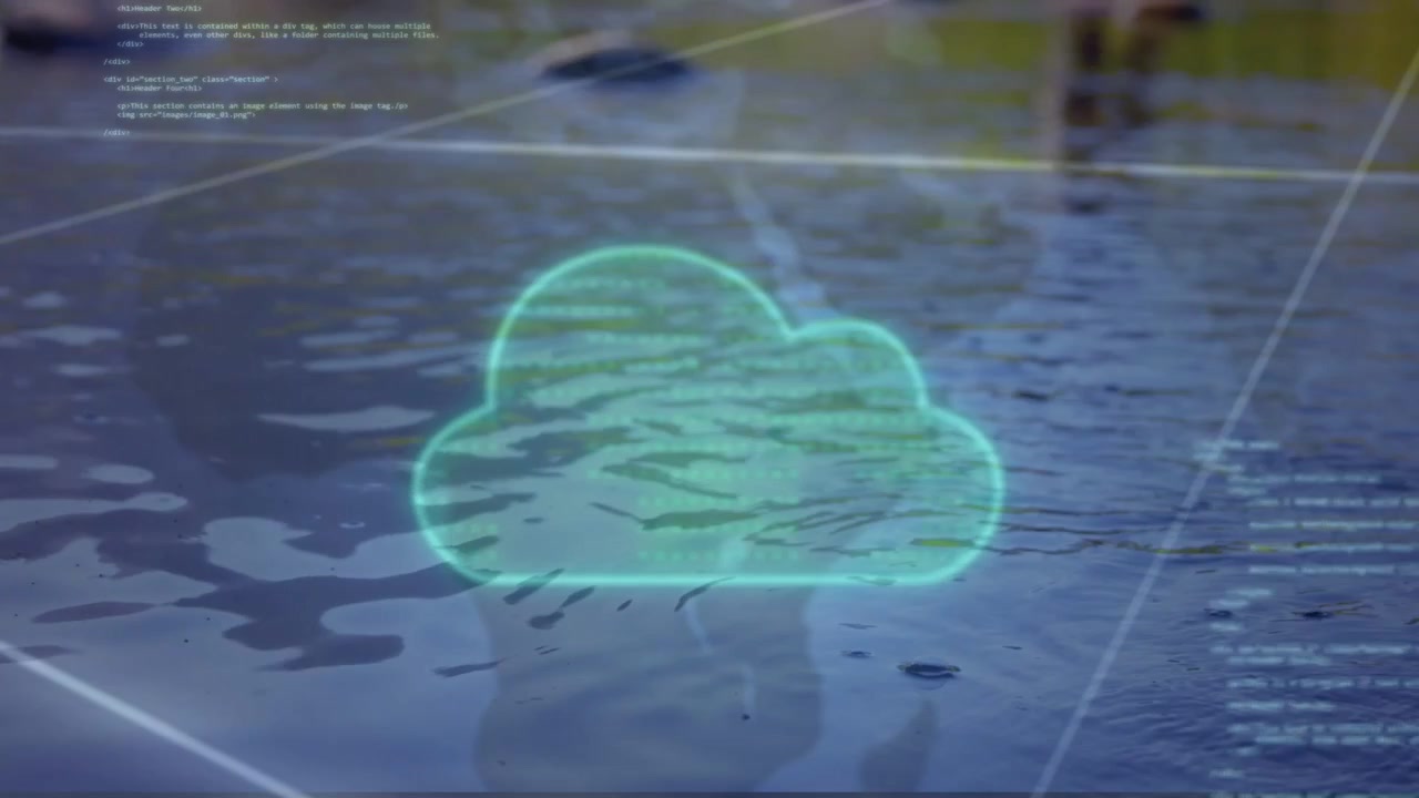 Hologramsky lysner efter input af teknologikode, pulserer og afslører en fisker ved flodbredden i et gitter.