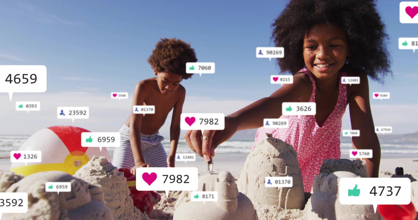 Vertical video: Building girl in pink and boy packing with red pail at beach, overlays appearing