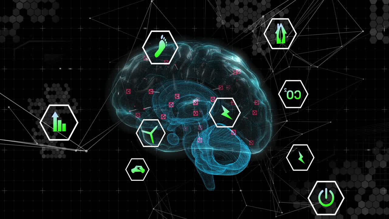 Appearing cyan holo brain rotating, pulsing, sending lines to orbiting green hex icons mapping KPIs