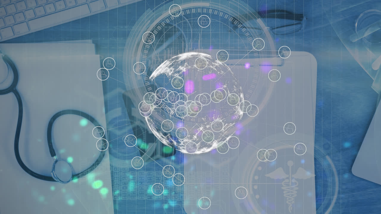 스테토스코프로 의사의 책상 위에 아이콘으로 연결된 네트워크의 애니메이션