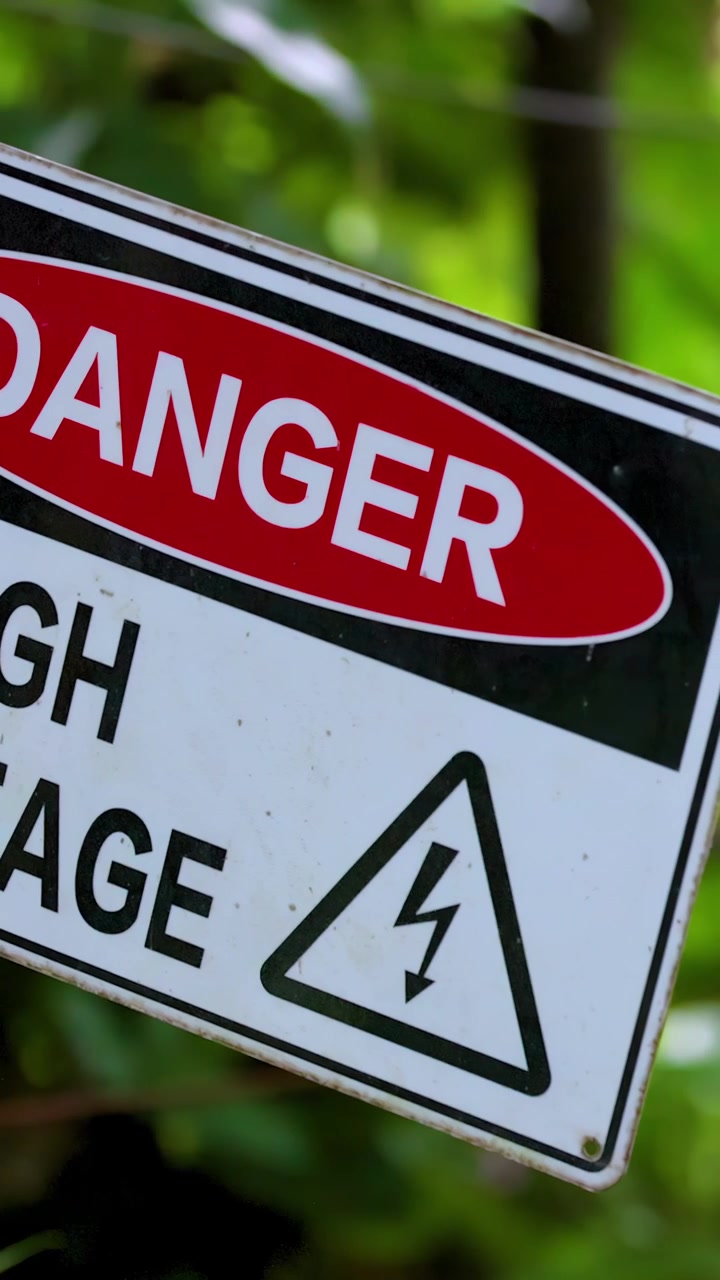 Ein metallenes Warnschild „Gefahr Hochspannung“ schwingt im Freien an einem Draht hin und her, umgeben von grünem Laub, bei natürlichem Tageslicht und geringer Tiefenschärfe.