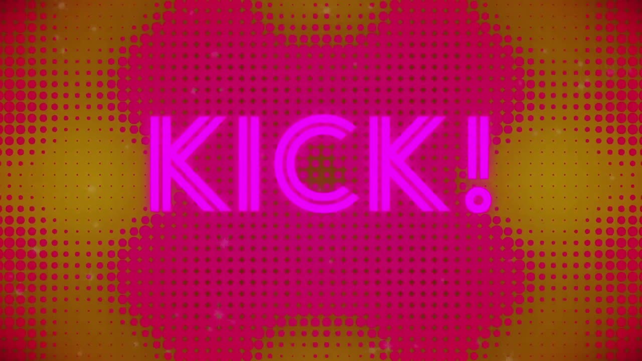 animación de texto de patada sobre manchas en fondo amarillo.