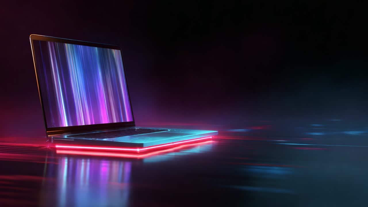 A futuristic laptop illuminated with vivid neon lights features a mesmerizing display of colorful vertical lines, creating an ethereal ambiance that captures the essence of modern technology and innovation