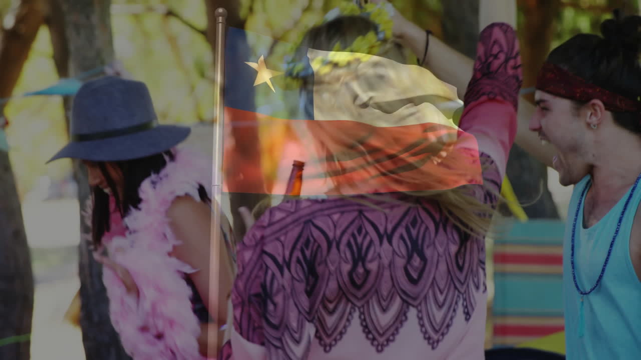 Waving flag and wearing colorful outfits, people celebrating outdoors with animation