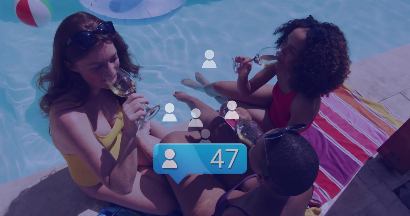 Friends sipping wine at pool as livestream icon appearing, viewer count rising with social avatars