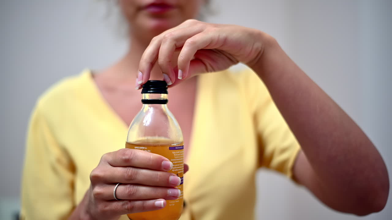 A person is enjoying a moment at home, unscrewing a bottle cap with ease. The bright atmosphere and casual setting make it a perfect time for a refreshing drink, enhancing relaxation