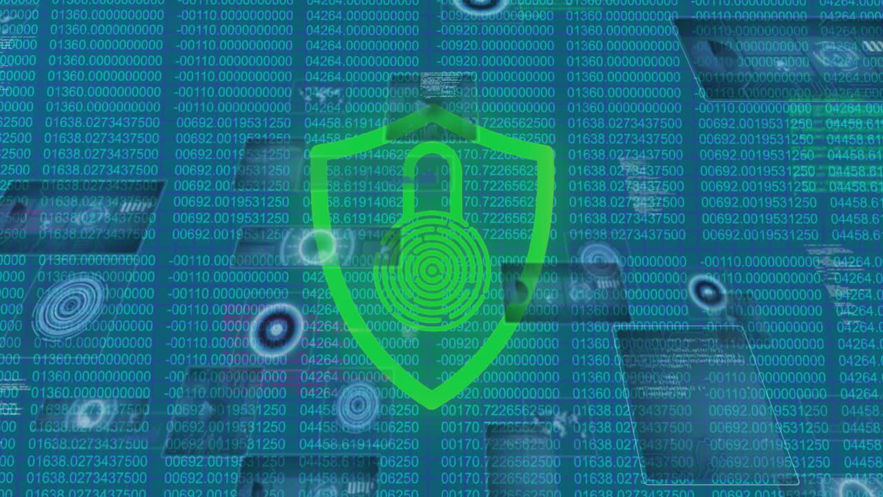 animación del candado de seguridad en línea, escaneo de ámbitos y procesamiento de datos en pantallas
