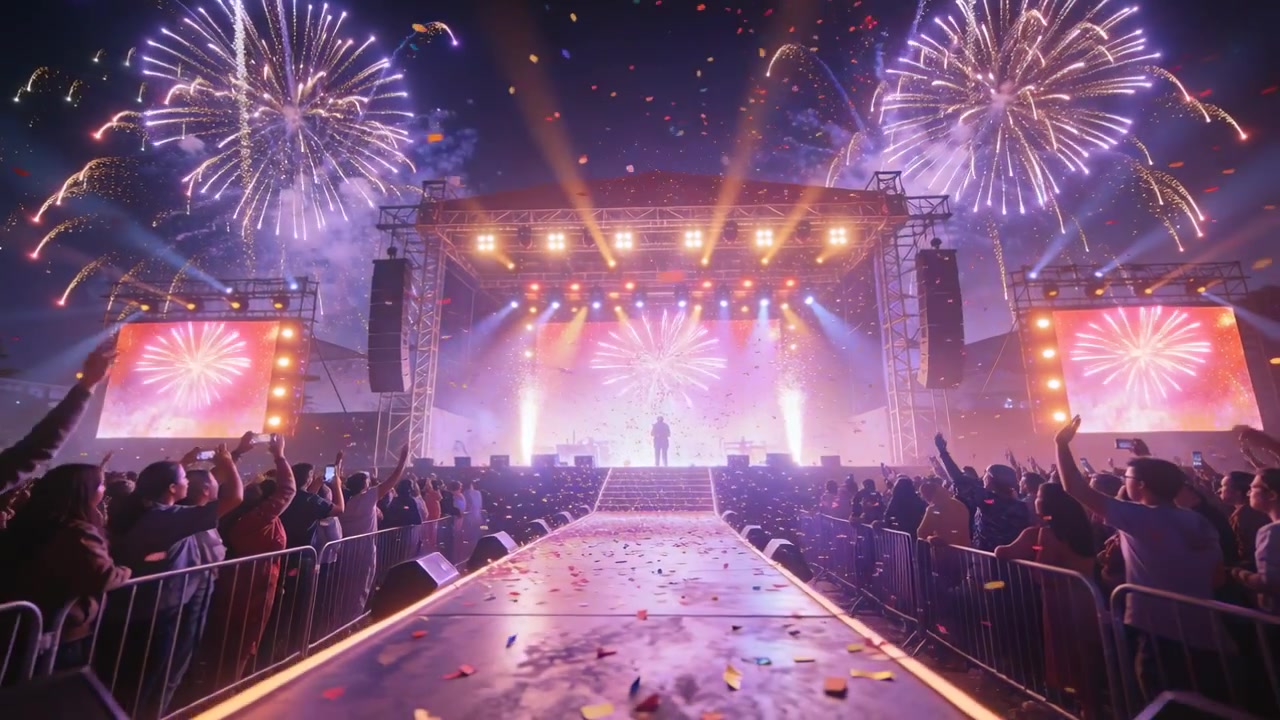 Performing star on runway stage as pyro bursting, crowd in jackets holding phones, closing set