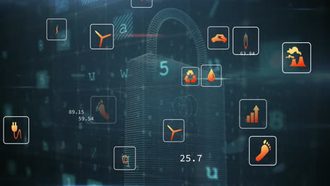 Animation-Von-Symbolen-Für-Erneuerbare-Energien-Und-Datenverarbeitung-Im-Bereich-Cybersicherheit-Vor-Dem-Sicherheitsschloss-Symbol