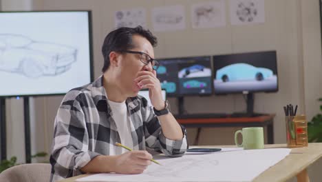 vista laterale di un maschio asiatico che sbadiglia mentre lavora su un disegno di auto schizzo sul tavolo nello studio con tv e computer visualizzazione modello di auto elettrica 3d