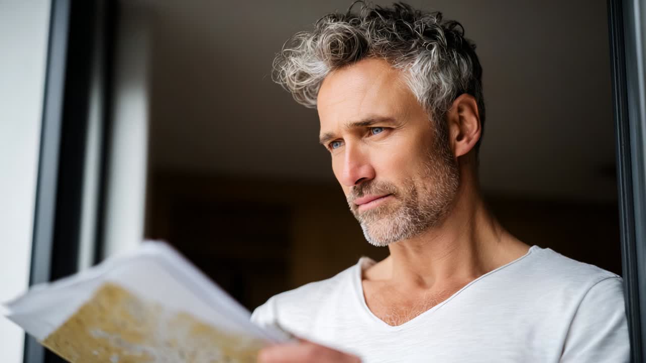 A contemplative man with curly hair gazes thoughtfully while holding a stack of papers, reflecting on the contents, standing near a window, with soft natural light illuminating the scene, creating a serene atmosphere