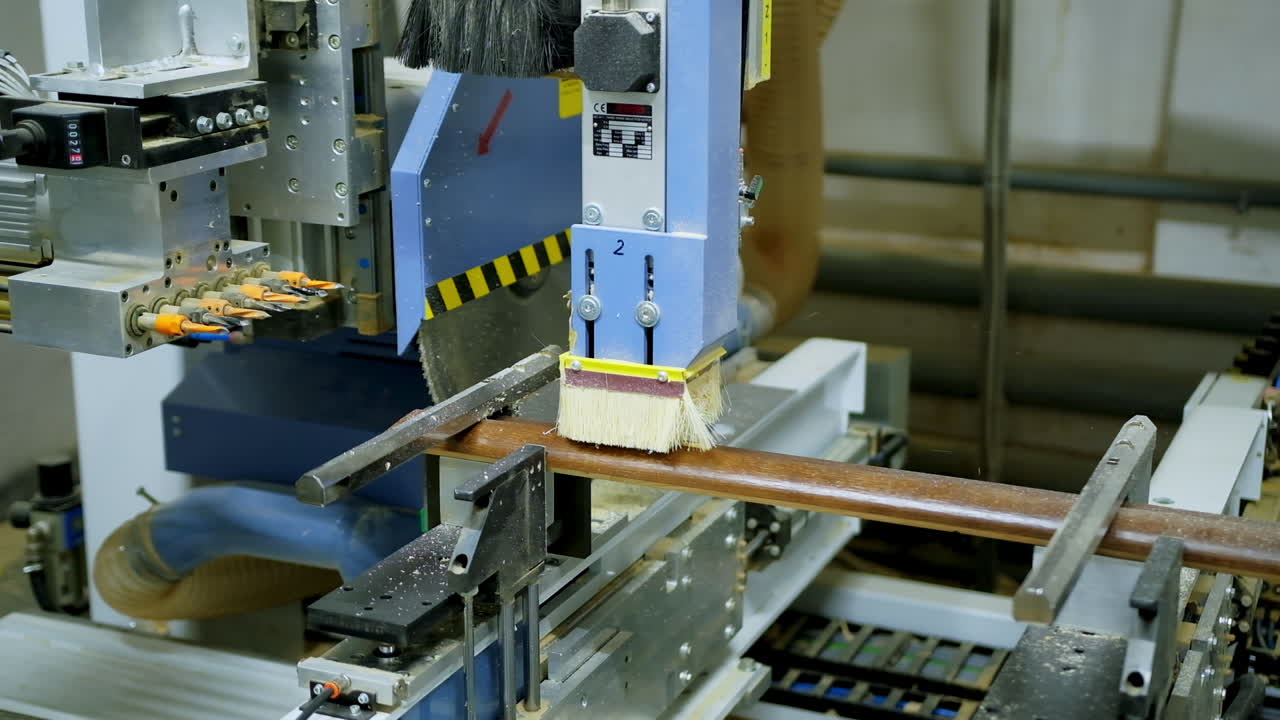 Manufacture of doors. Industrial equipment for making furniture. Automated machine tool in doors production plant. Close-up.