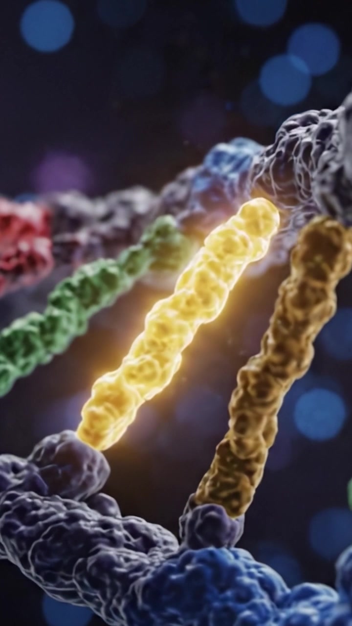 Splendida visualizzazione della struttura a doppia elica del DNA che mostra la sua sequenza nucleotidica colorata su uno sfondo bokeh, evidenziando la composizione e la complessità genetica.
