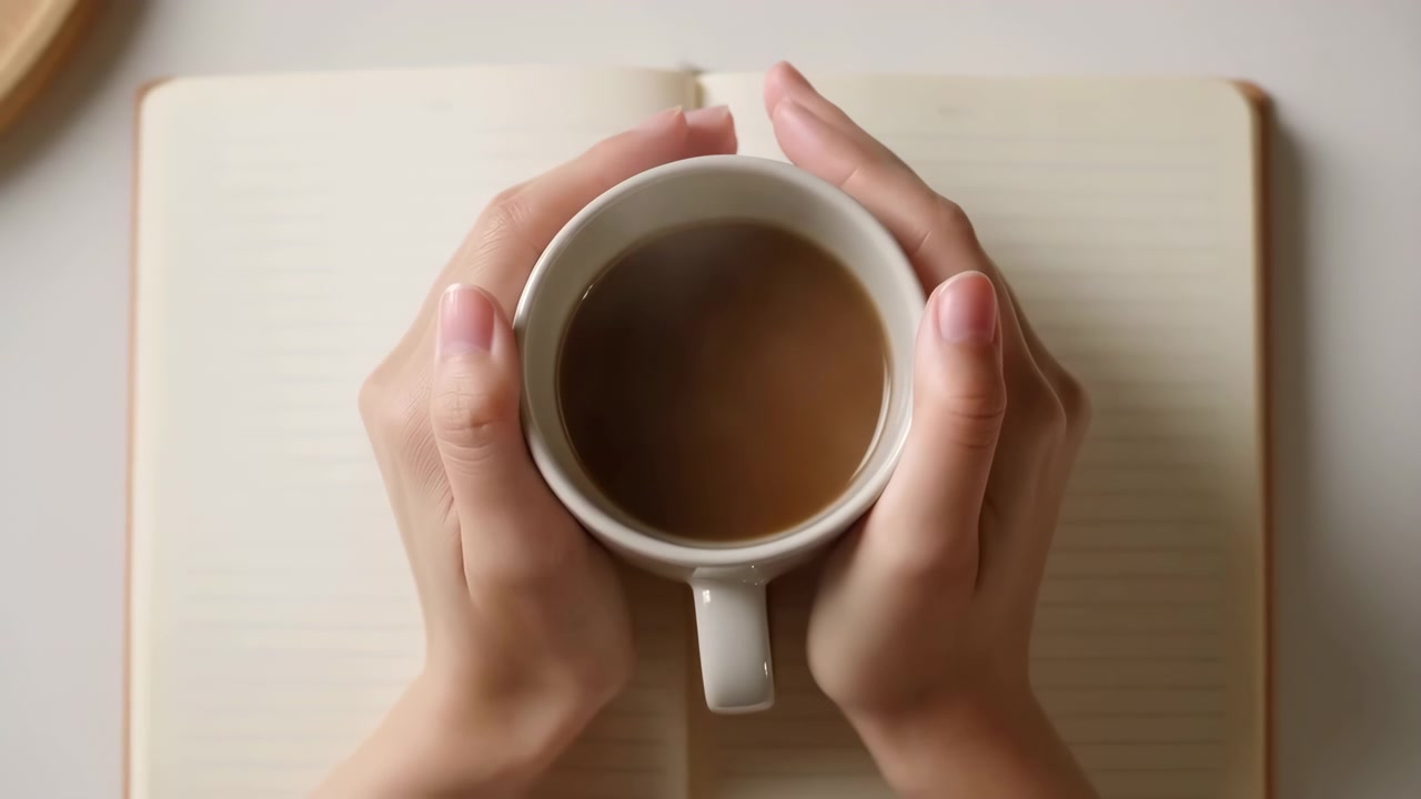 Vista dall'alto di due mani che tengono una tazza di ceramica bianca piena di caffè sopra un quaderno a righe aperto, dita che poggiano sul bordo con una leggera pressione, creando un'atmosfera di studio tranquilla e una routine accogliente