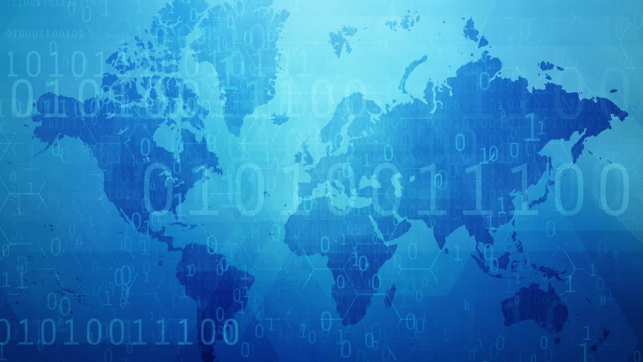Animated digital background of a world map overlay with rapidly flowing and changing binary code, representing high-speed global data transfer, networking, digital communication, cloud computing