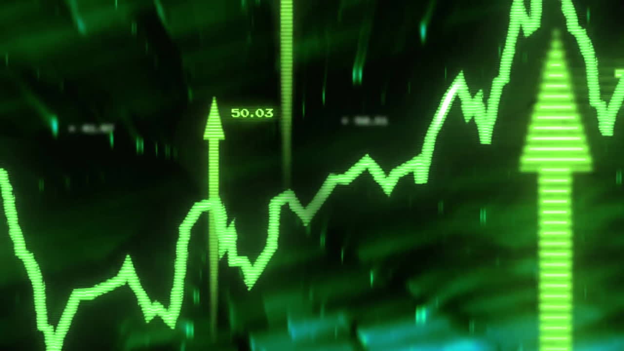 Animazione di elaborazione dati finanziari su freccia e statistiche