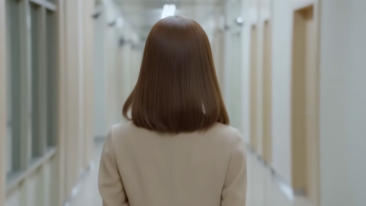 Asian Businesswoman Walking Clinical Corridor, Beige Blazer And Bob Haircut Captured In Profile And Back