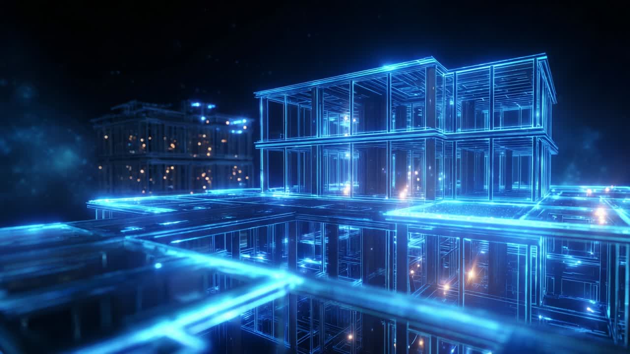 A Stunning Blue Neon Structure Illuminates a Futuristic Cityscape, Showcasing a High-Tech Architectural Design with Shimmering Reflections on a Glowing Surface in a Digital Environment