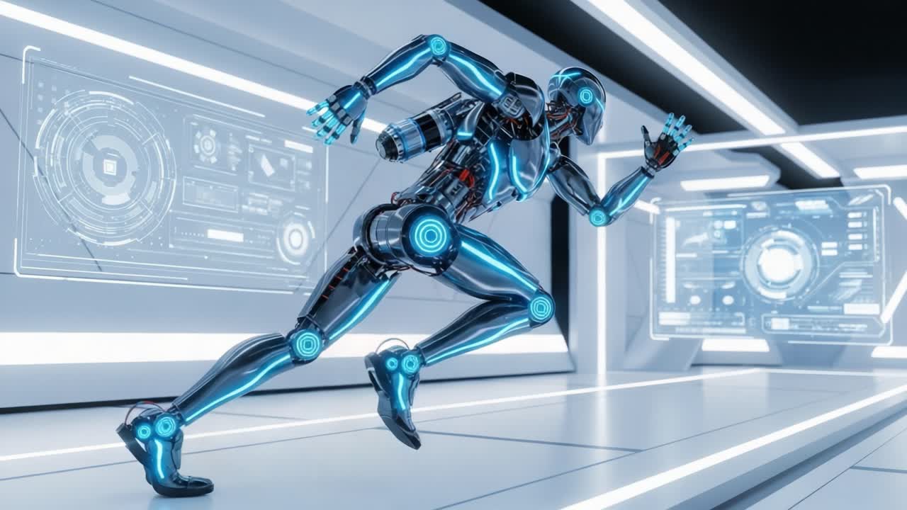 A Futuristic Robot Sprinting Through a High-Tech Corridor, Showcasing Advanced Robotics and Dynamic Movement in a Sleek, Sci-Fi Environment