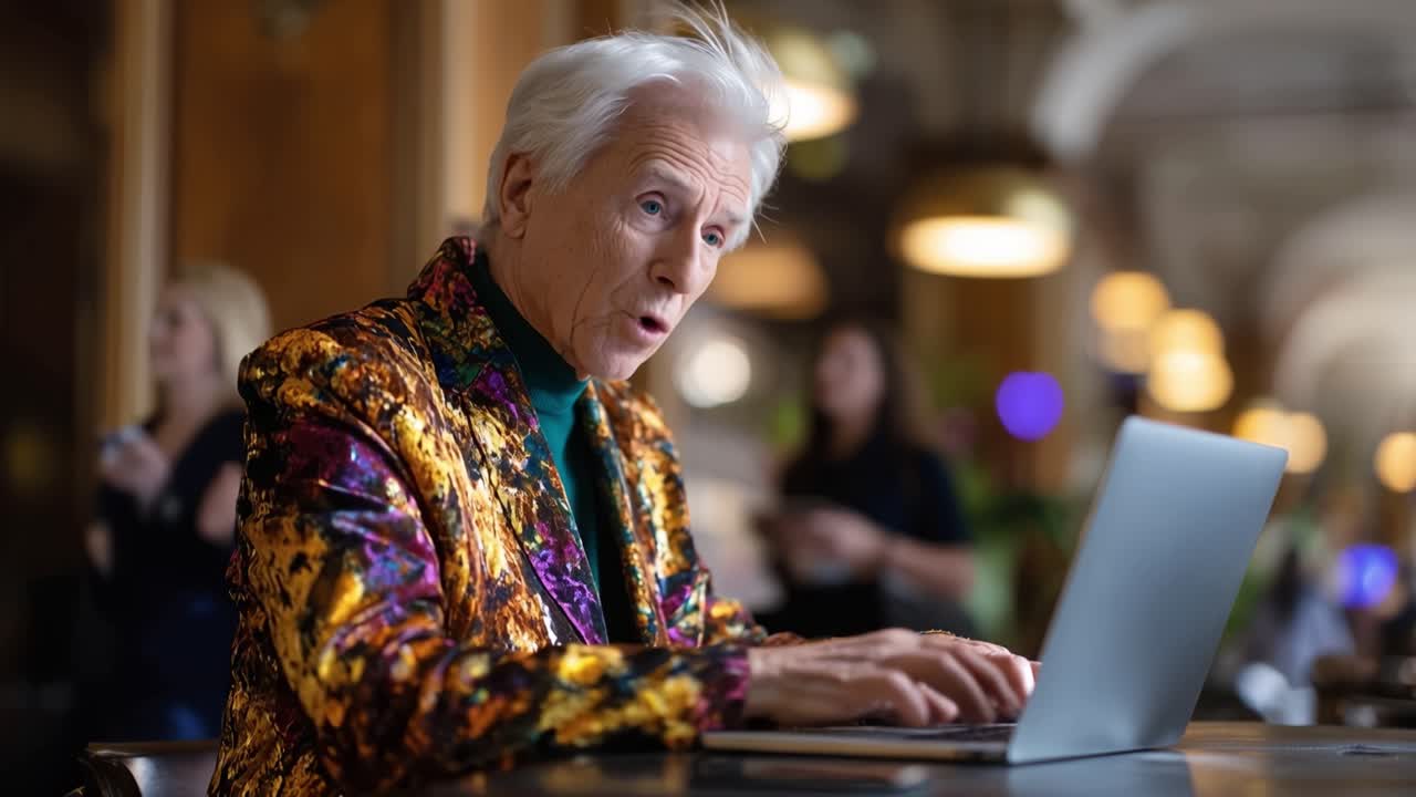 Elegant elder types with vibrant jacket focuses on laptop. Calm demeanor, focused attention, light brow furrow. Diverse cafe ambiance, warm lighting, blurred background. Ideal for retirement