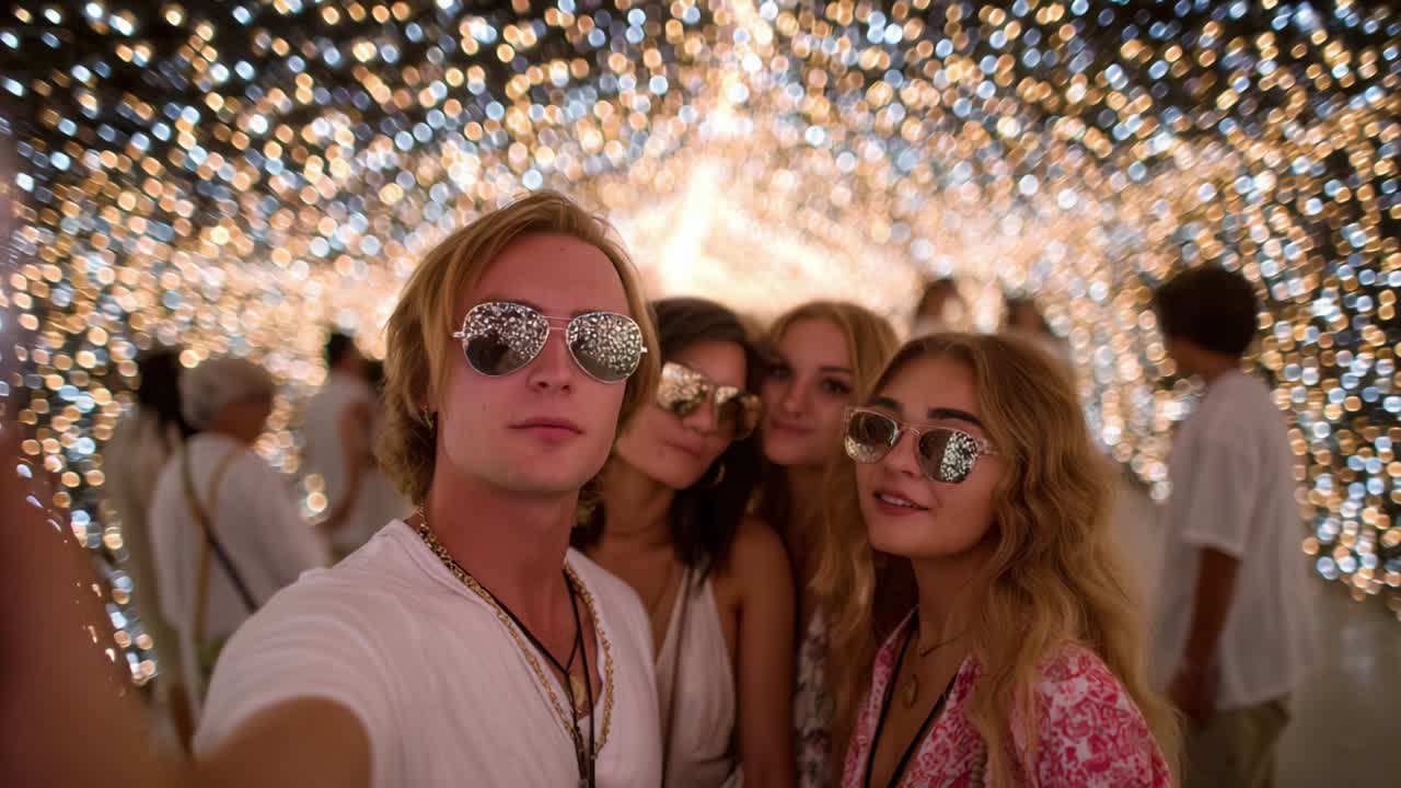 A group of friends enjoying a vibrant moment together under a dazzling array of lights, capturing a joyful selfie while surrounded by a magical, illuminated atmosphere filled with sparkling colors