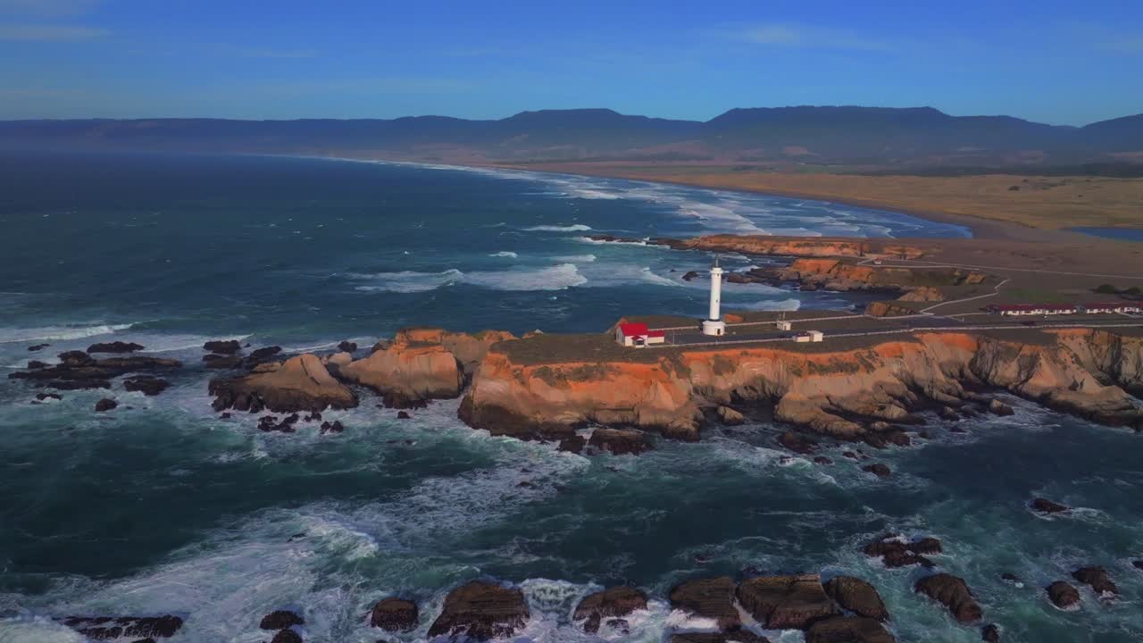 Point Arena Lighthouse California aerial drone Historic Landmark Museum Red building Stoneboro Manchester Beach Shoreline Highway Pacific Ocean Fort Brag San Fran Big Sur daytime sunny upward motion