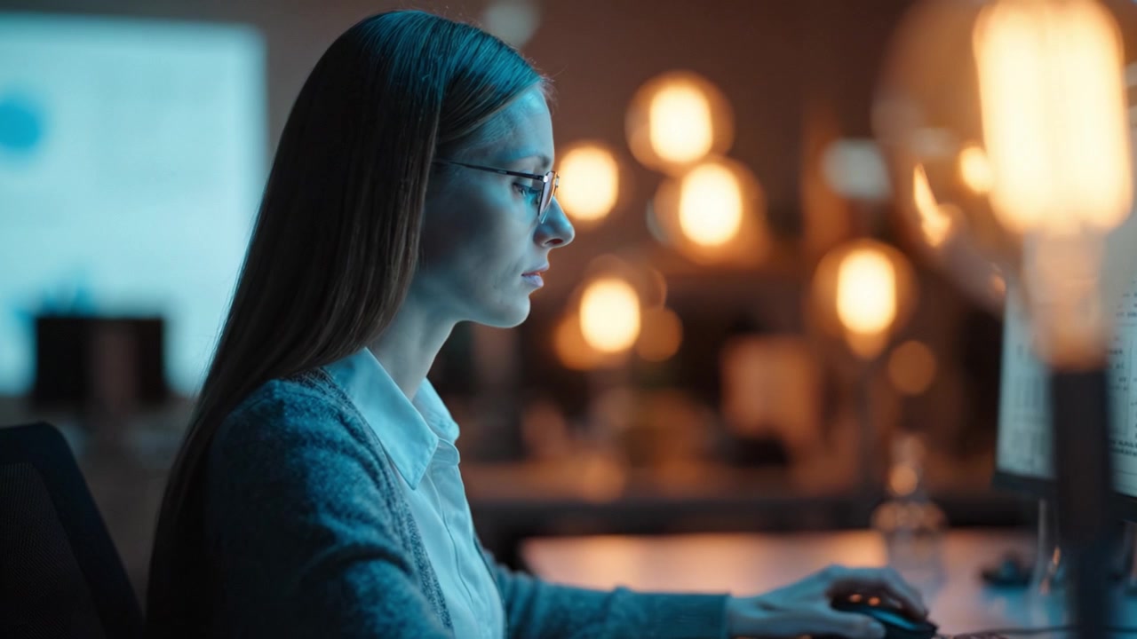 Focused Analysis: A Woman Engaged in Data Visualization and Insights While Working Late at Night in a Modern Office Environment with Ambient Lighting