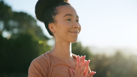 happy woman, yoga and relax in nature for zen