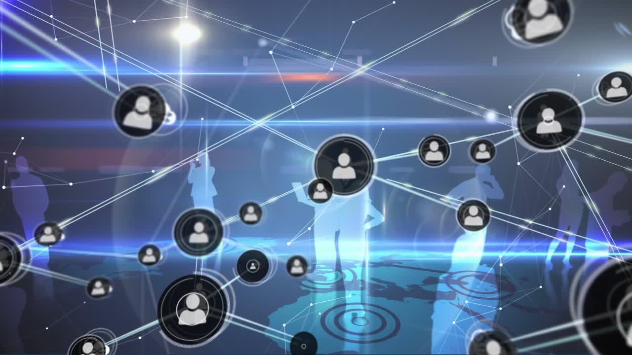 Animazione di una rete di connessioni con icone su silhouette di persone d'affari