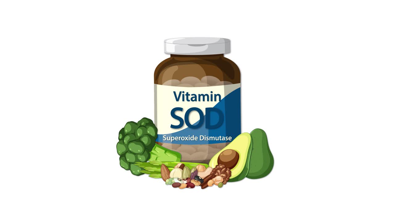 Supplement bottle with superoxide dismutase label, healthy foods appear around it, clean white background