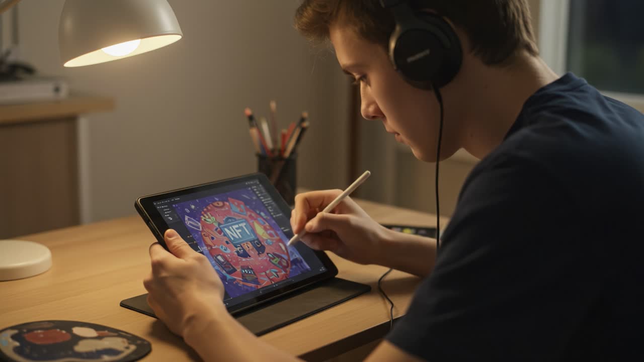 Young Artist Engaged in Creative Digital Art Creation on Tablet, Showcasing NFT Design Skills While Listening to Music in a Cozy Workspace Setting