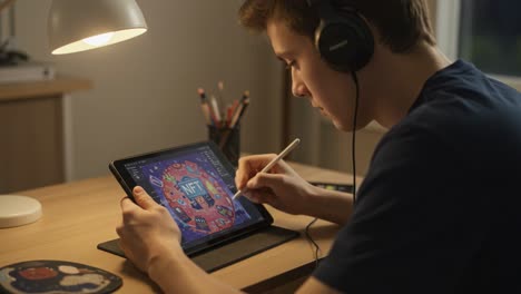 young artist engaged in creative digital art creation on tablet, showcasing nft design skills while listening to music in a cozy workspace setting