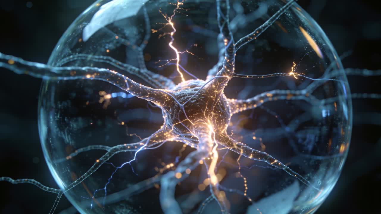 Sparking near soma starting pulsing glass sphere holding neuron sending pulses in lab, with bokeh