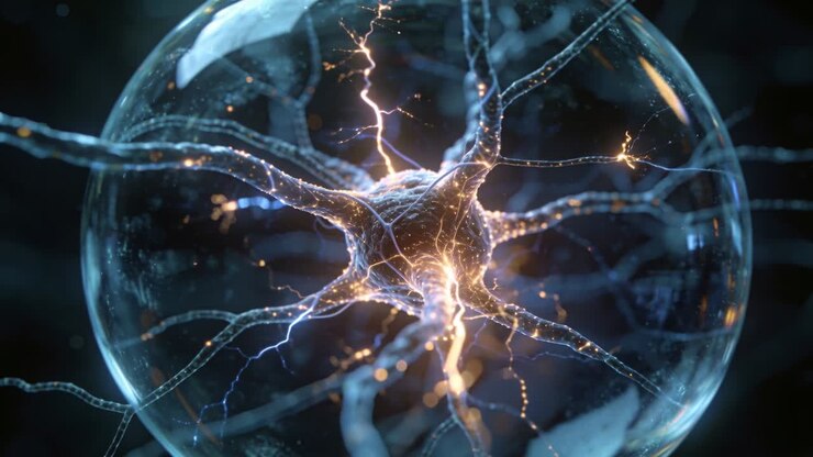 Sparking near soma starting pulsing glass sphere holding neuron sending pulses in lab, with bokeh
