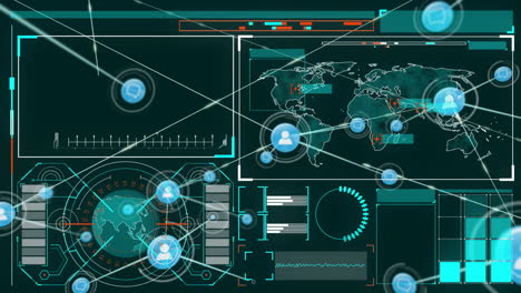 animación de la red de conexiones con iconos y procesamiento de datos a través de pantallas