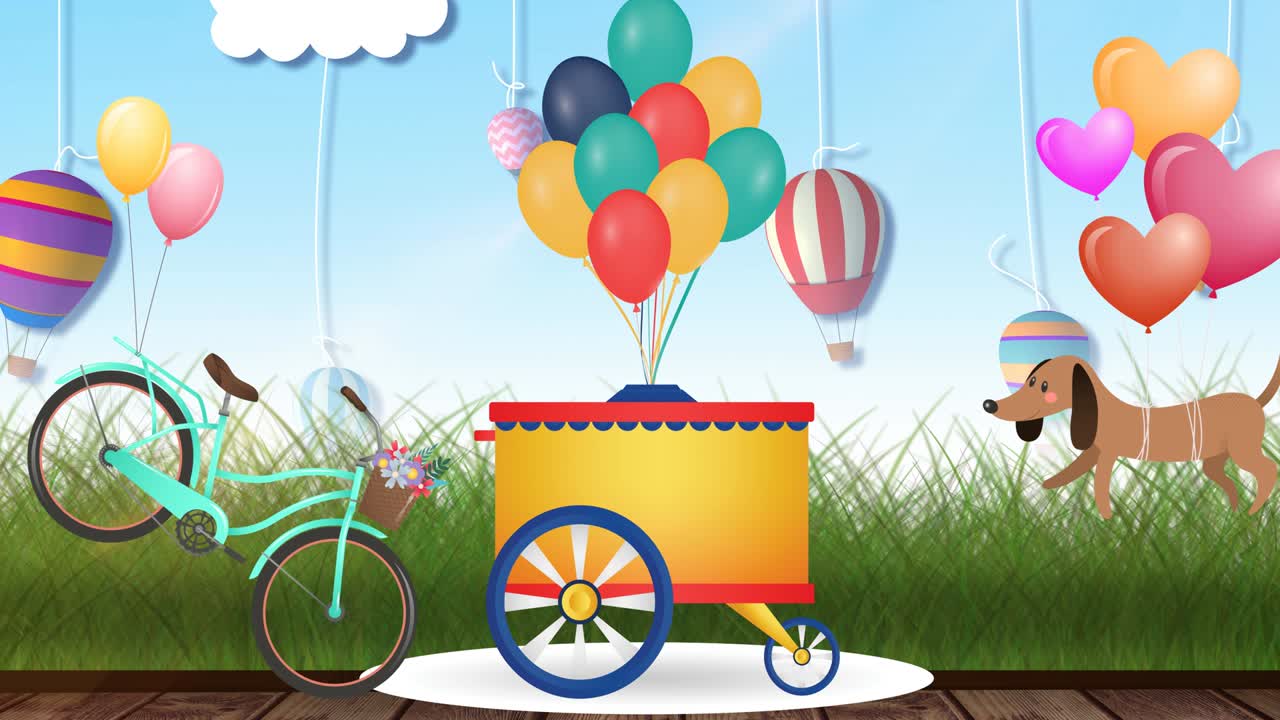 Animazione di uno stand con palloncini, bicicletta e cane su sfondo blu