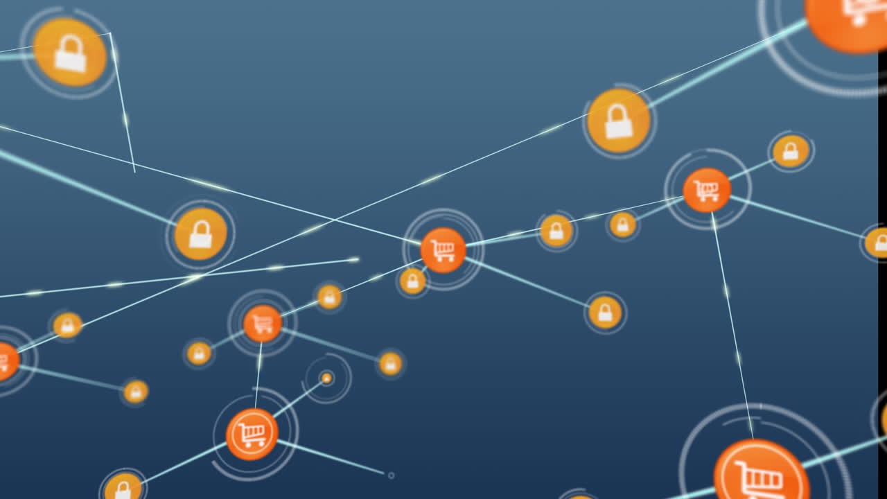 animación de la red de conexiones con iconos sobre fondo azul