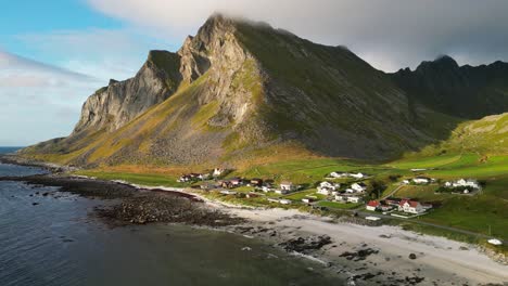 vikten beach, coastline and village at lofoten islands in norway, scandinavia - aerial