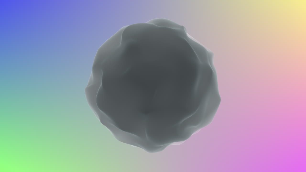 Sfera scura astratta fluttuante su uno sfondo sfumato pastello, filmato 3D continuo.